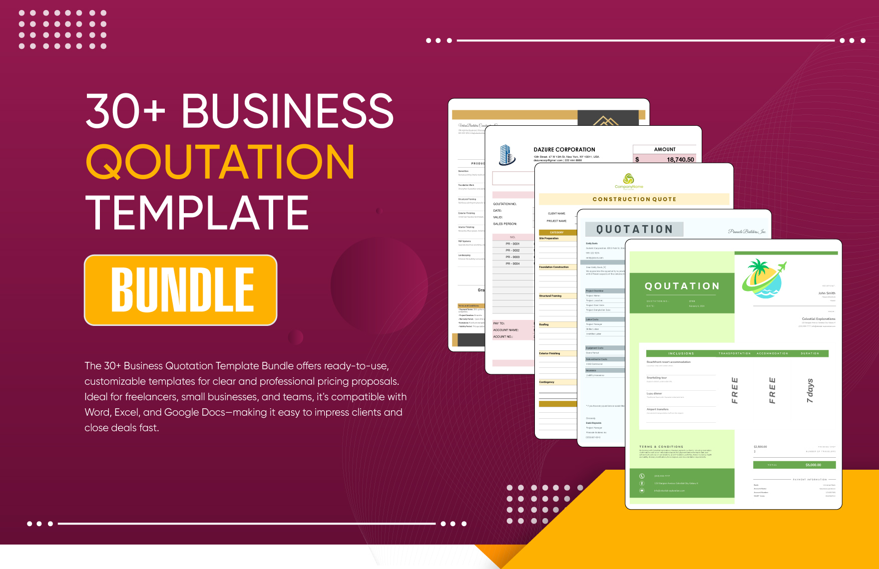 30+ Business Quotation Template Bundle in Excel, Google Sheets to Download