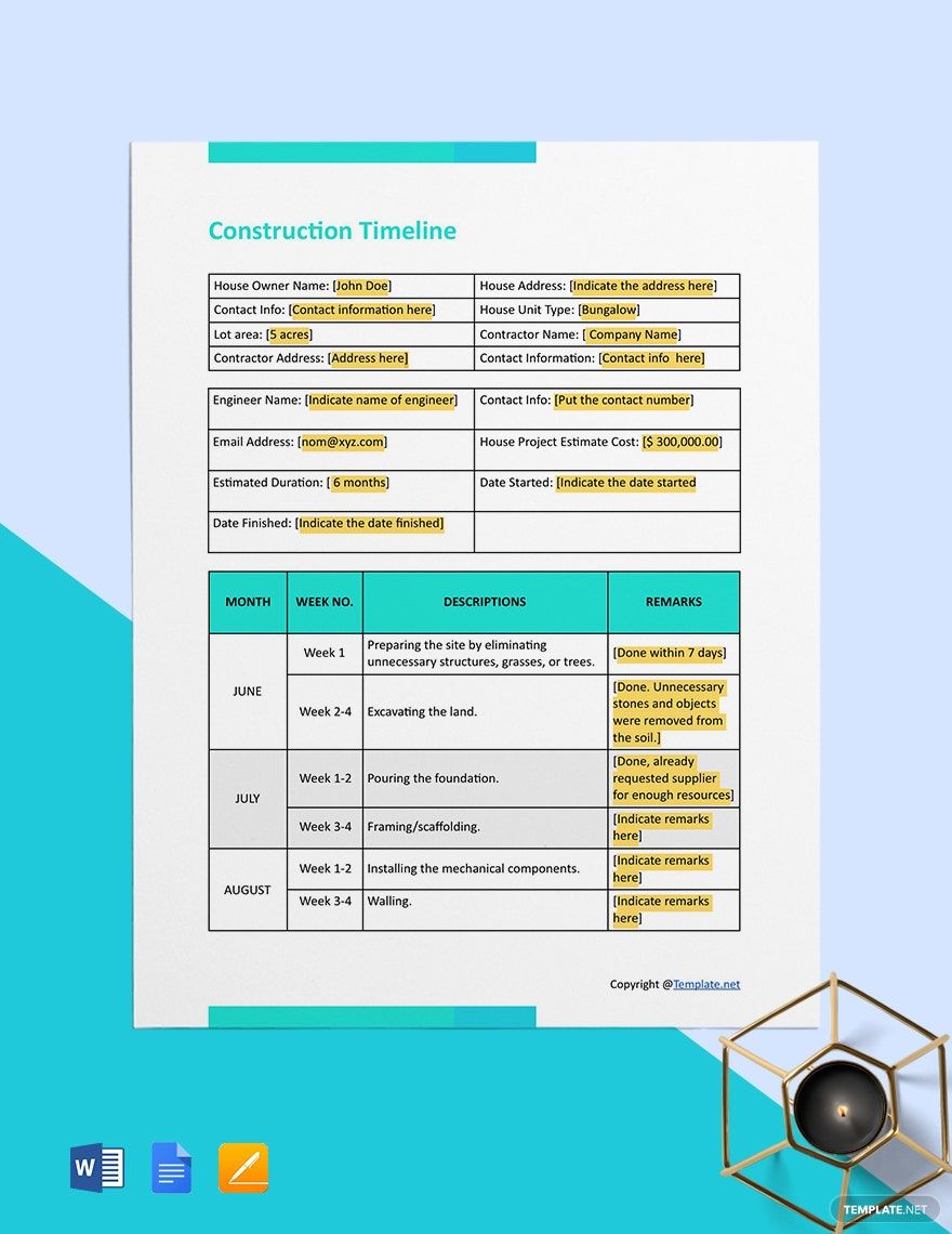 Blank Construction Timeline Template in Pages, Word - Download | Template.net