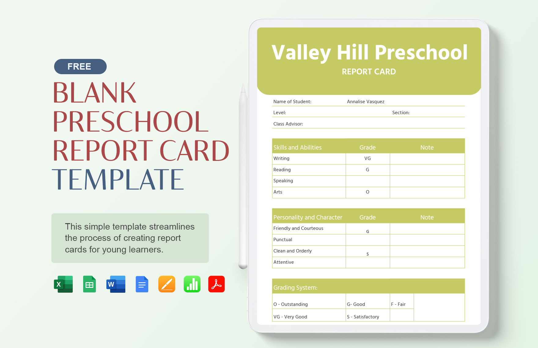 Blank Preschool Report Card Template in Publisher, Illustrator, Word, Apple Numbers, Apple Pages, PDF, Google Docs, Excel, Google Sheets - Download | Template.net