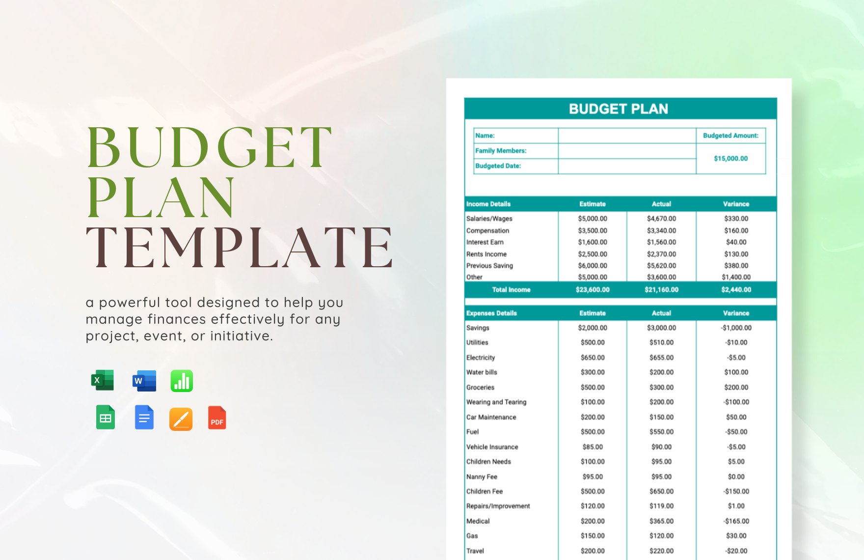 Budget Plan Template in Word, Apple Pages, Apple Numbers, PDF, Google Docs, Excel, Google Sheets - Download | Template.net
