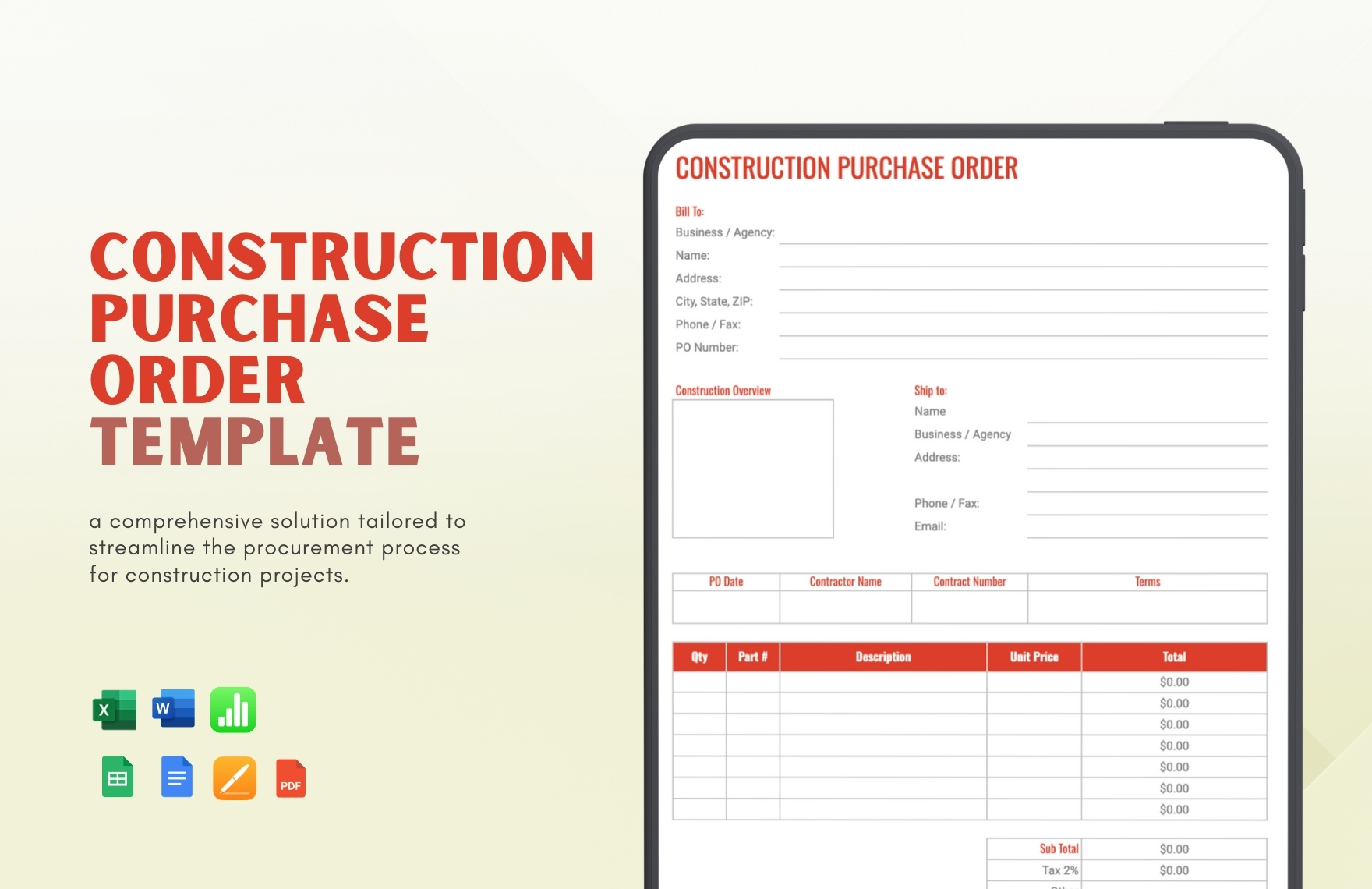 Construction Purchase Order Template in Pages, Word, Apple Numbers, PDF, Excel, Google Docs, Google Sheets - Download | Template.net