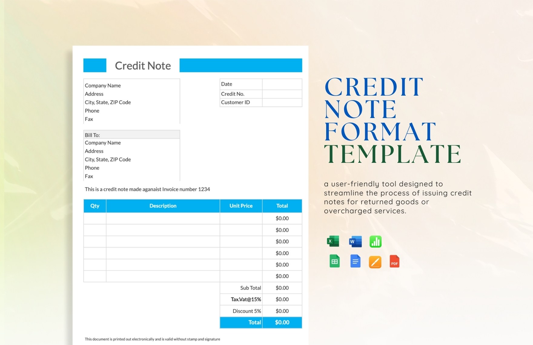 Credit Note format Template in Google Docs, Google Sheets, PDF, Word, Apple Numbers, Apple Pages, Excel - Download | Template.net