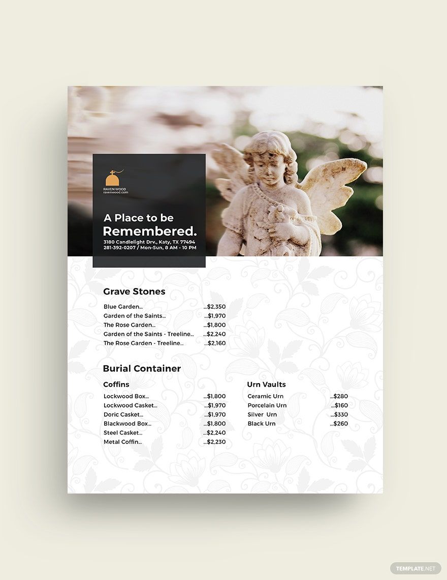 Cemetery Price List Template in Publisher, Illustrator, Word, PSD, Pages, Google Docs - Download | Template.net