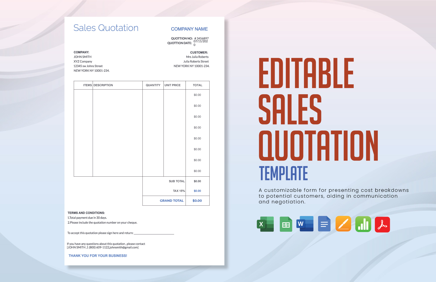 Editable Sales Quotation Template in Word, Apple Pages, PDF, Google Docs, Excel, Google Sheets, Apple Numbers - Download | Template.net