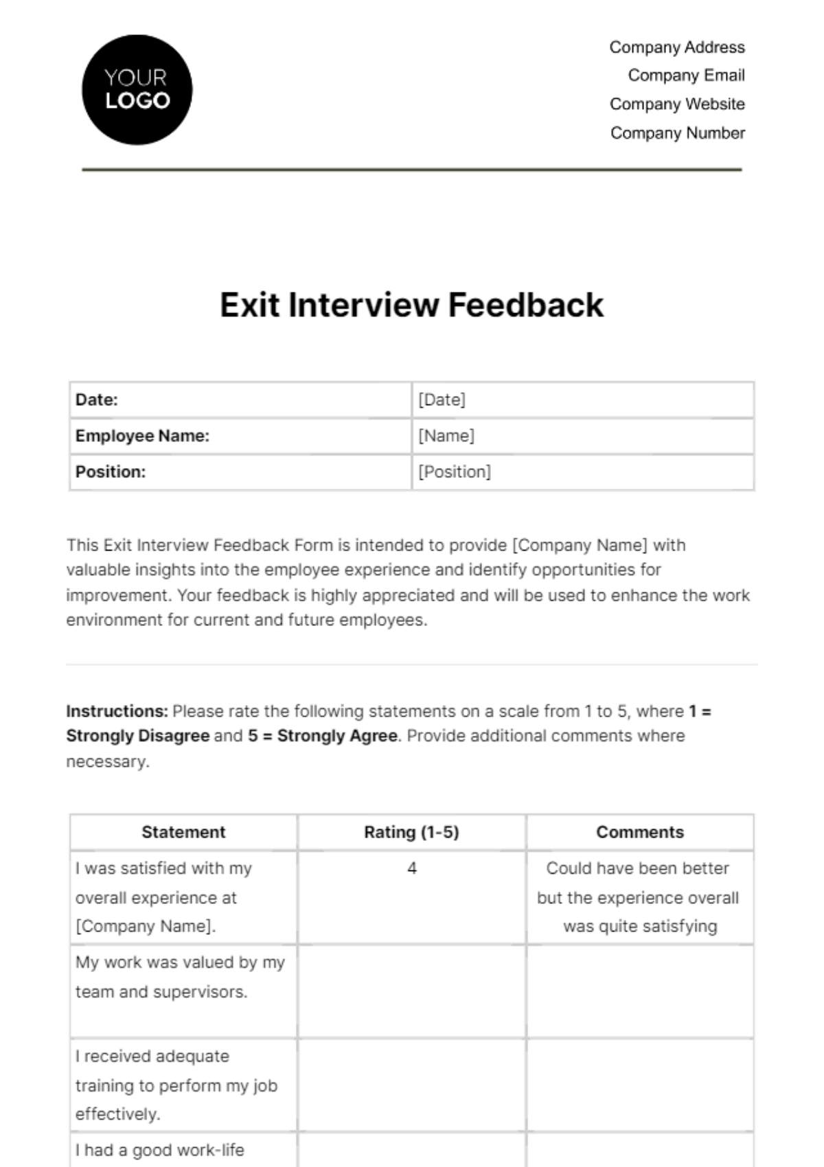 Exit Interview Feedback HR Template