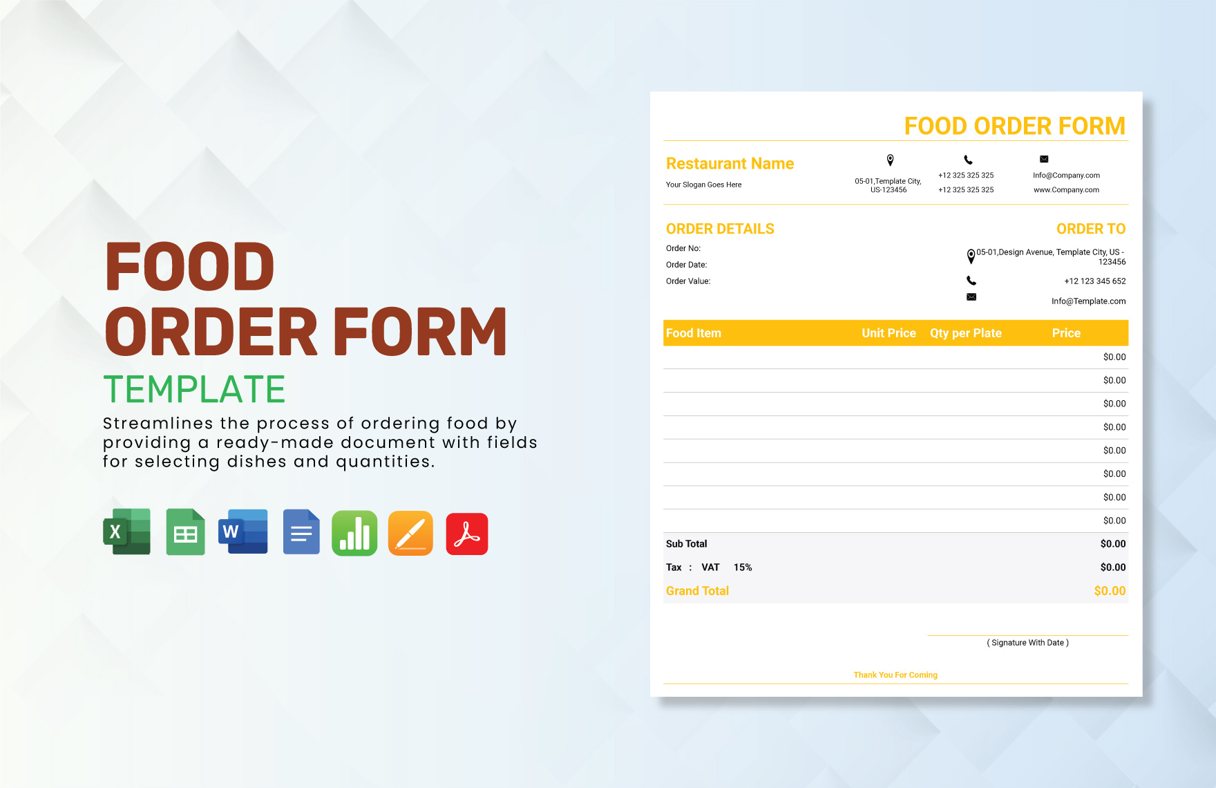 Food Order Form Template in Apple Numbers, Apple Pages, Word, PDF, Google Docs, Excel, Google Sheets - Download | Template.net