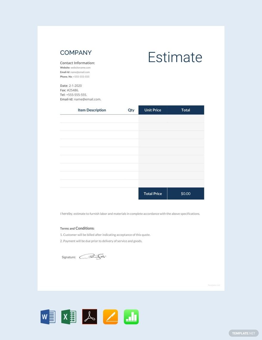 Blank Estimate Template in Word, Excel, PDF, Pages, Apple Numbers, Google Docs, Google Sheets - Download | Template.net
