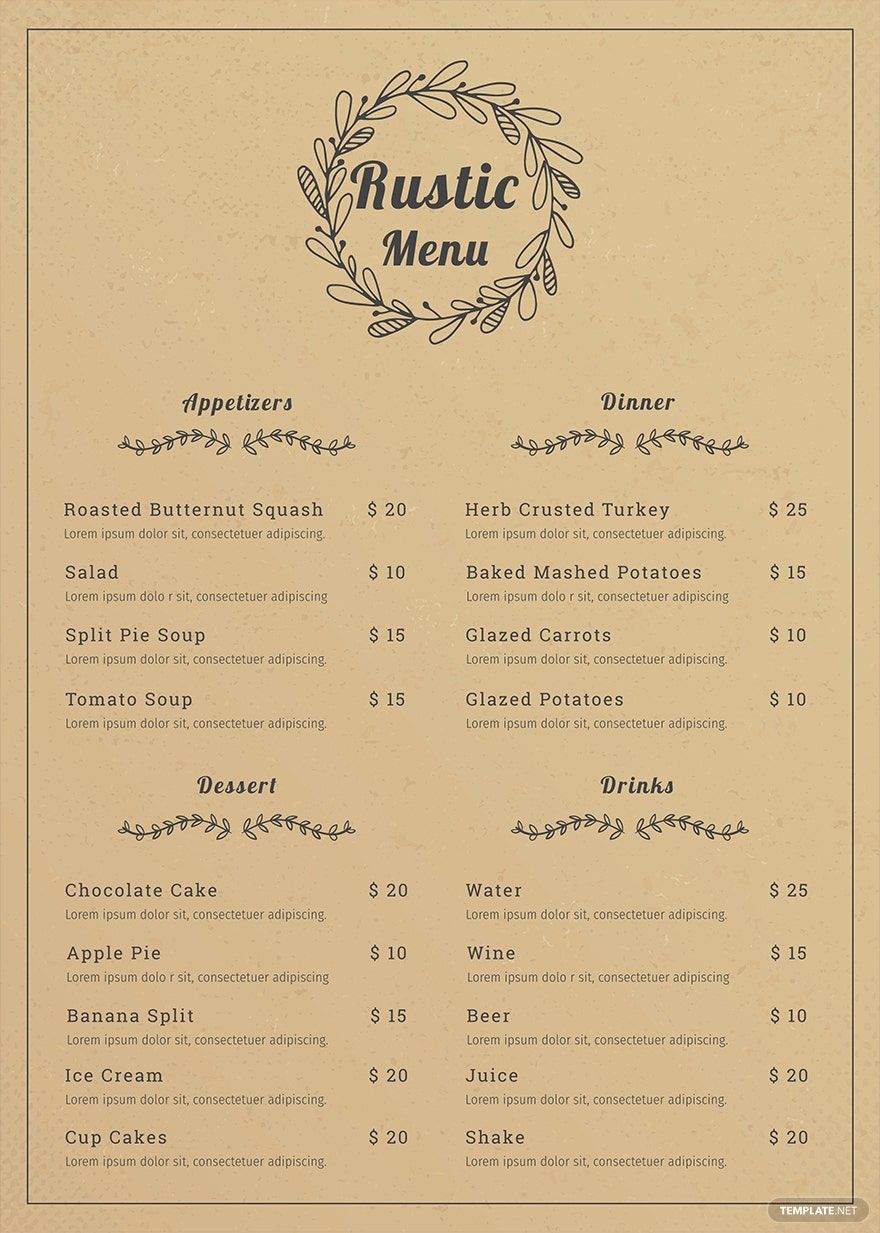 Simple Rustic Menu Template in Word, Pages, PSD, Illustrator, Publisher - Download | Template.net