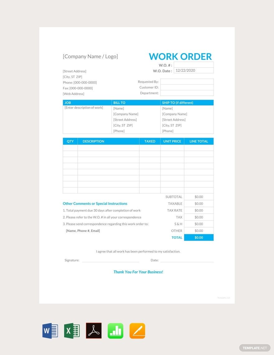 Work Order Template in Word, Excel, PDF, Apple Numbers, Pages, Google Docs, Google Sheets - Download | Template.net