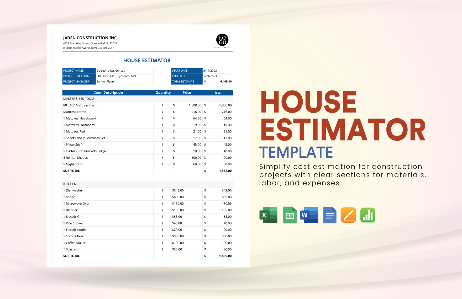 House Estimator Template in Word, Excel, Google Docs, Apple Pages, Apple Numbers, Google Sheets - Download | Template.net