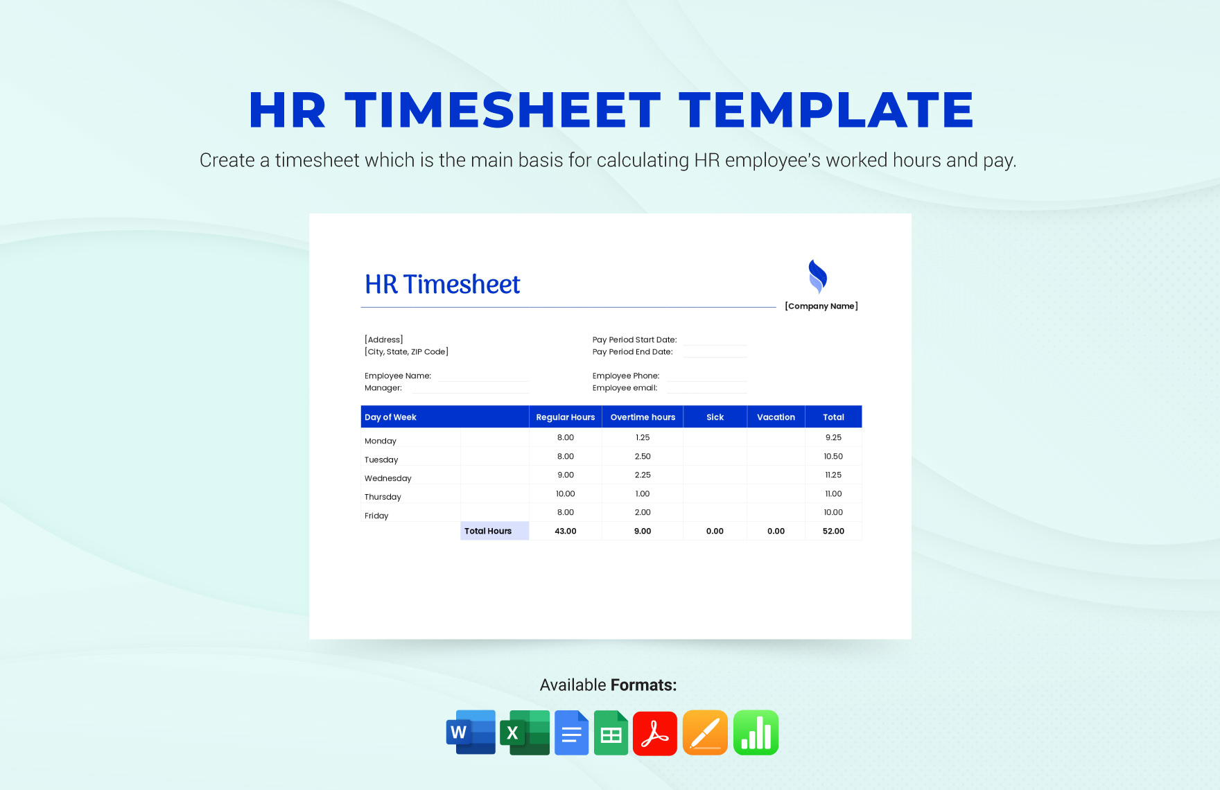 HR Timesheet Template in Apple Numbers, Apple Pages, Word, Google Docs, PDF, Excel, Google Sheets - Download | Template.net