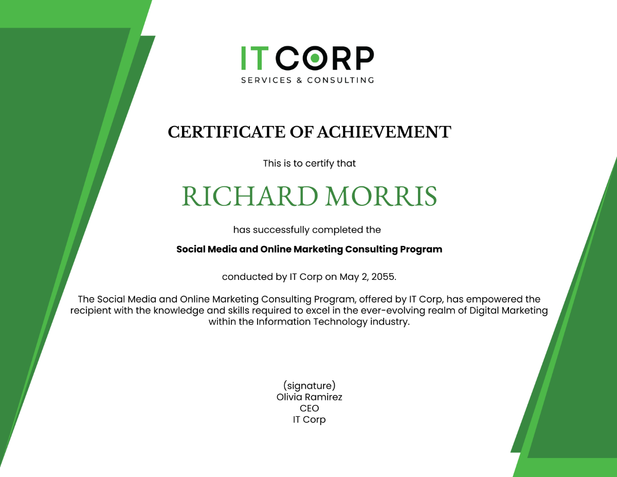 IT Social Media & Online Marketing Consulting Certificate Template