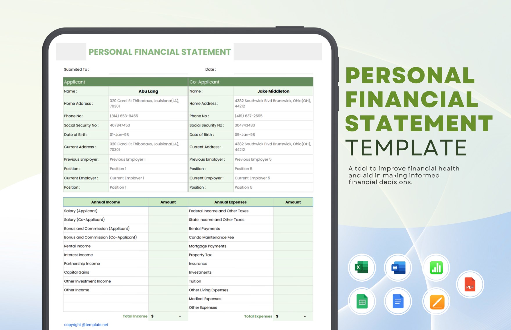 Personal Financial Statement Template in Word, Apple Pages, Apple Numbers, PDF, Google Docs, Excel, Google Sheets - Download | Template.net