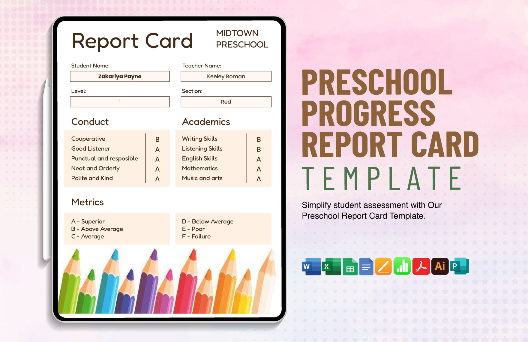 Preschool Progress Report Card Template in Publisher, Word, Illustrator, Apple Pages, PDF, Google Docs, Excel, Google Sheets, Apple Numbers - Download | Template.net