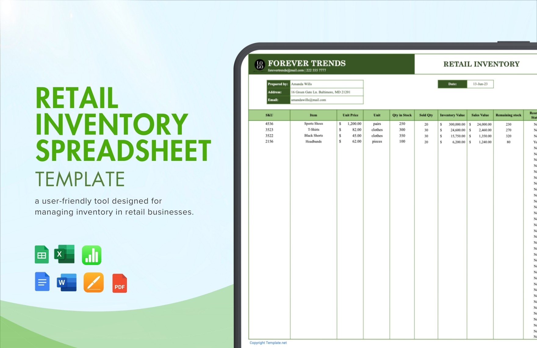 Retail Inventory Spreadsheet Template in Google Docs, Apple Pages, Apple Numbers, Word, PDF, Excel, Google Sheets - Download | Template.net