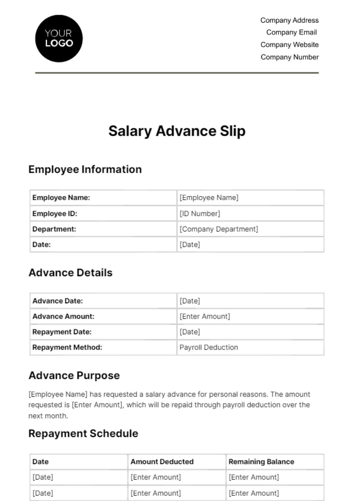 Salary Advance Slip HR Template