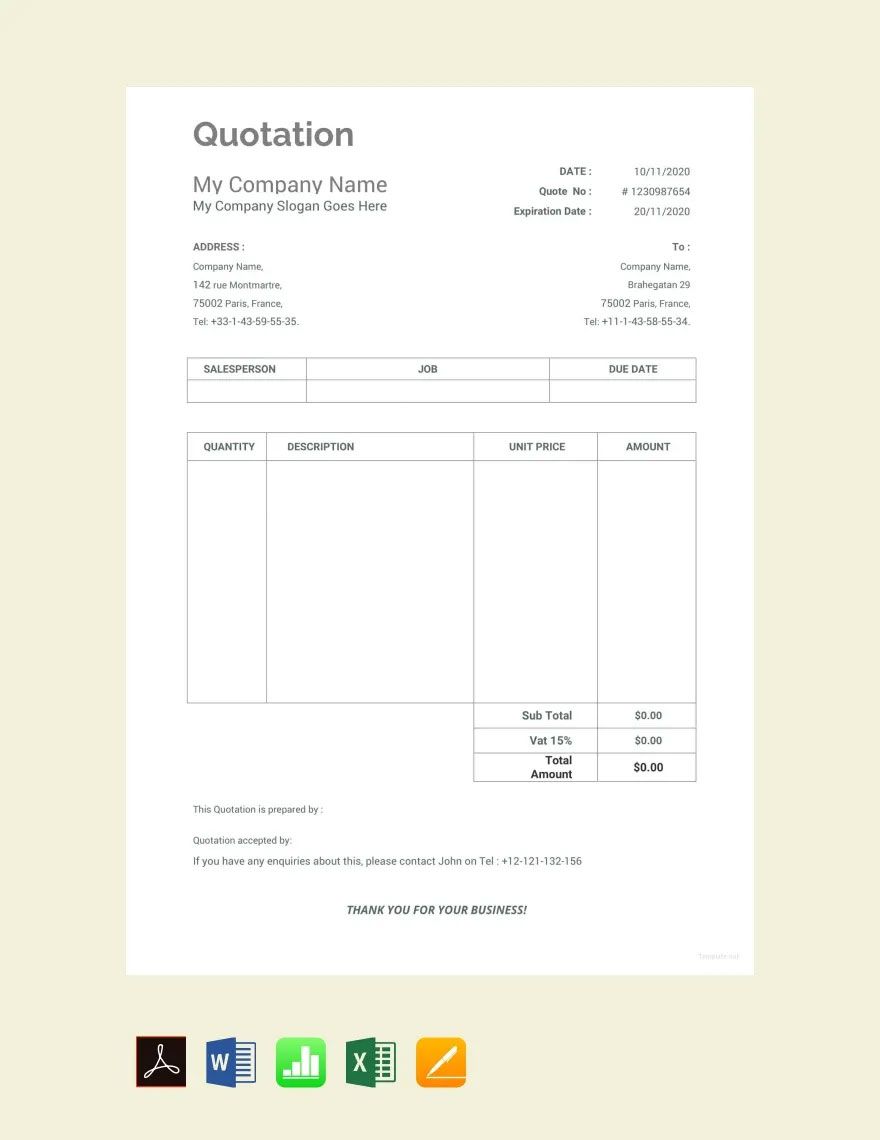 Sample Work Quotation Template in Google Sheets, Word, PDF, Apple Numbers, Pages, Excel, Google Docs - Download | Template.net