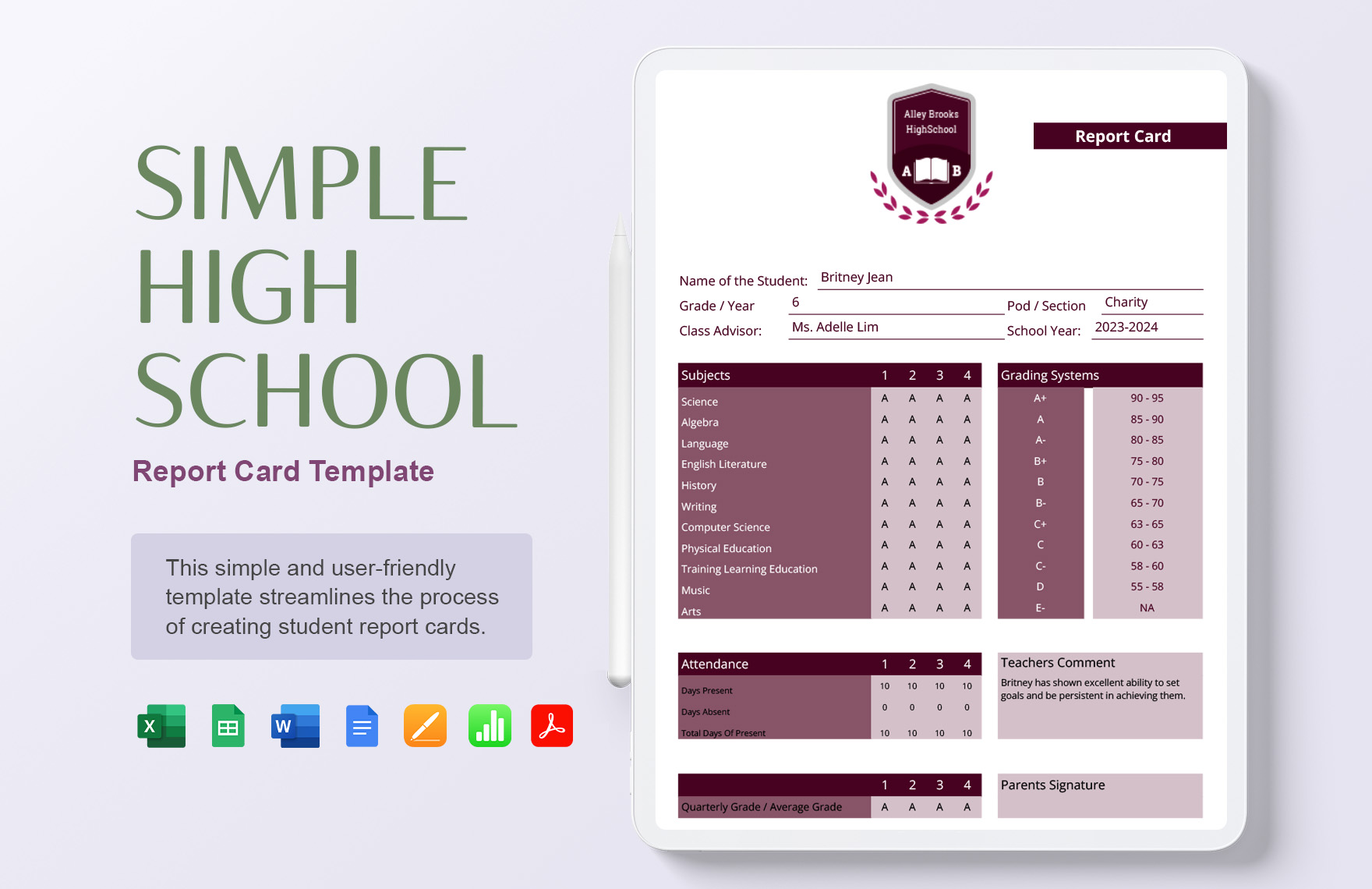 Simple High School Report Card Template in Word, Illustrator, Apple Pages, PDF, Google Docs, Excel, Google Sheets, Apple Numbers to Download