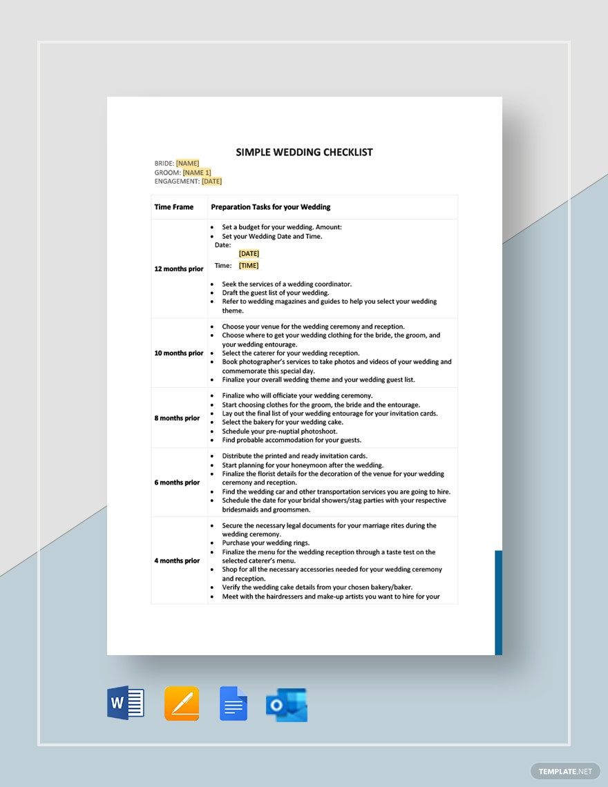 Simple Wedding Checklist Template in Google Docs, Pages, Word - Download | Template.net