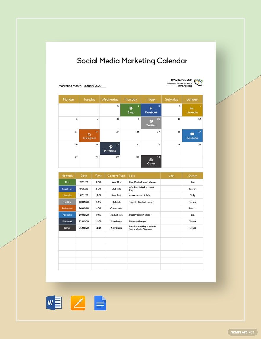 Social Media Marketing Calendar Template in Apple Pages, Word, Google Docs, PDF to Download