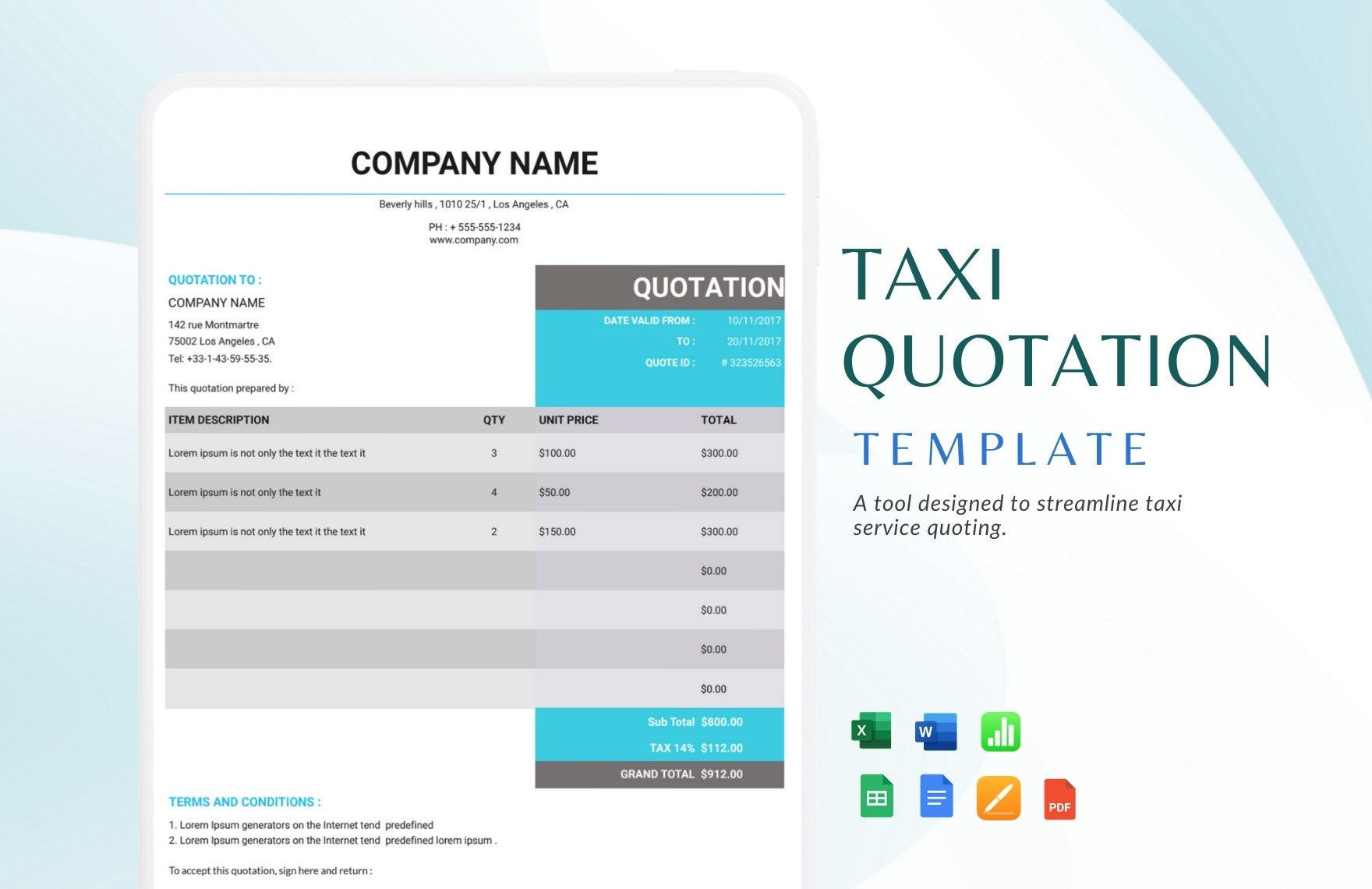Taxi Quotation Template in Excel, Apple Numbers, PDF, Apple Pages, Google Sheets, Word, Google Docs - Download | Template.net