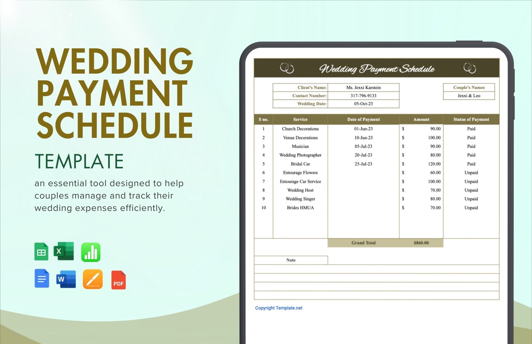 Wedding Payment Schedule Template in Word, Apple Pages, Apple Numbers, PDF, Excel, Google Sheets, Google Docs - Download | Template.net