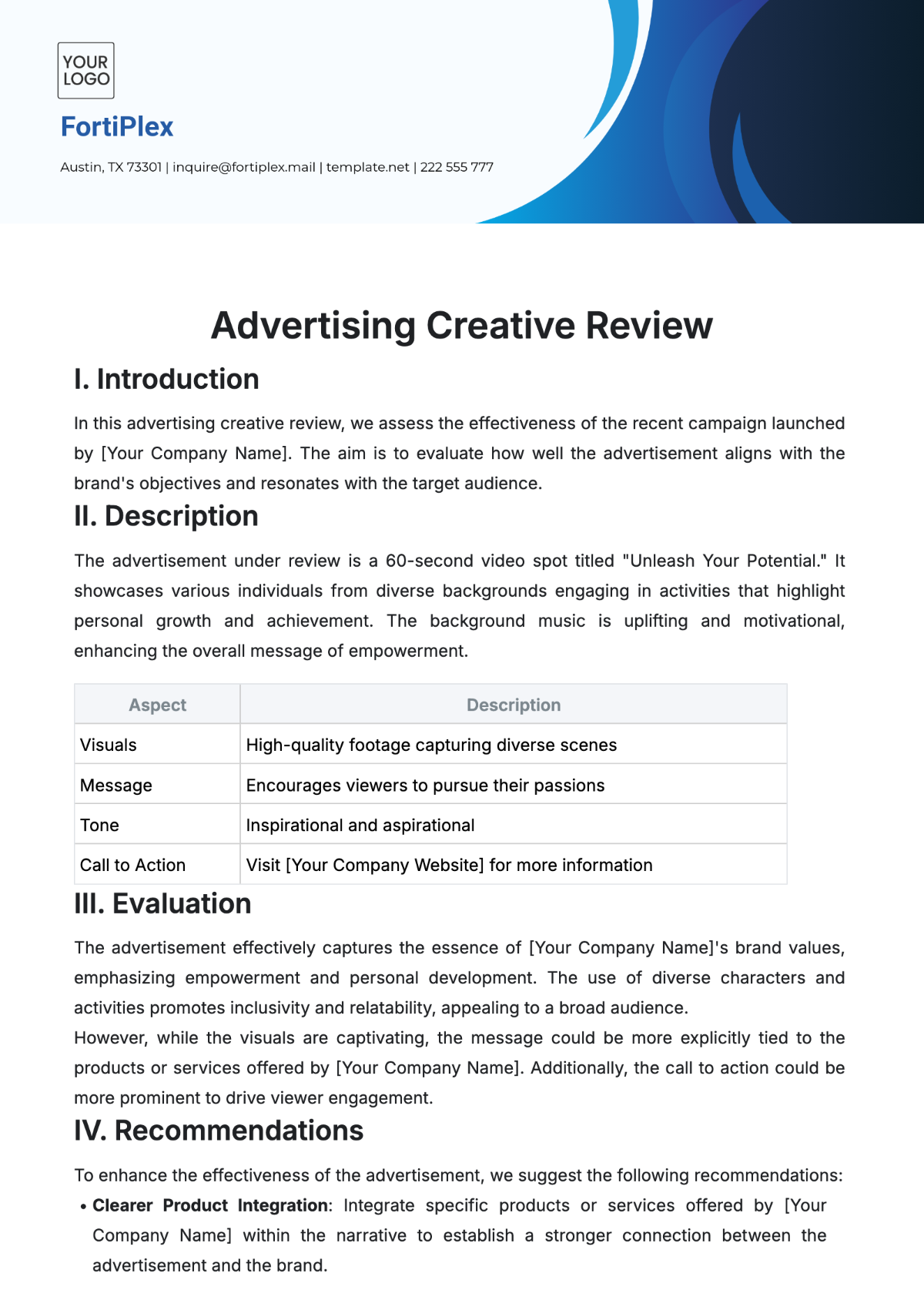 Advertising Creative Review Template