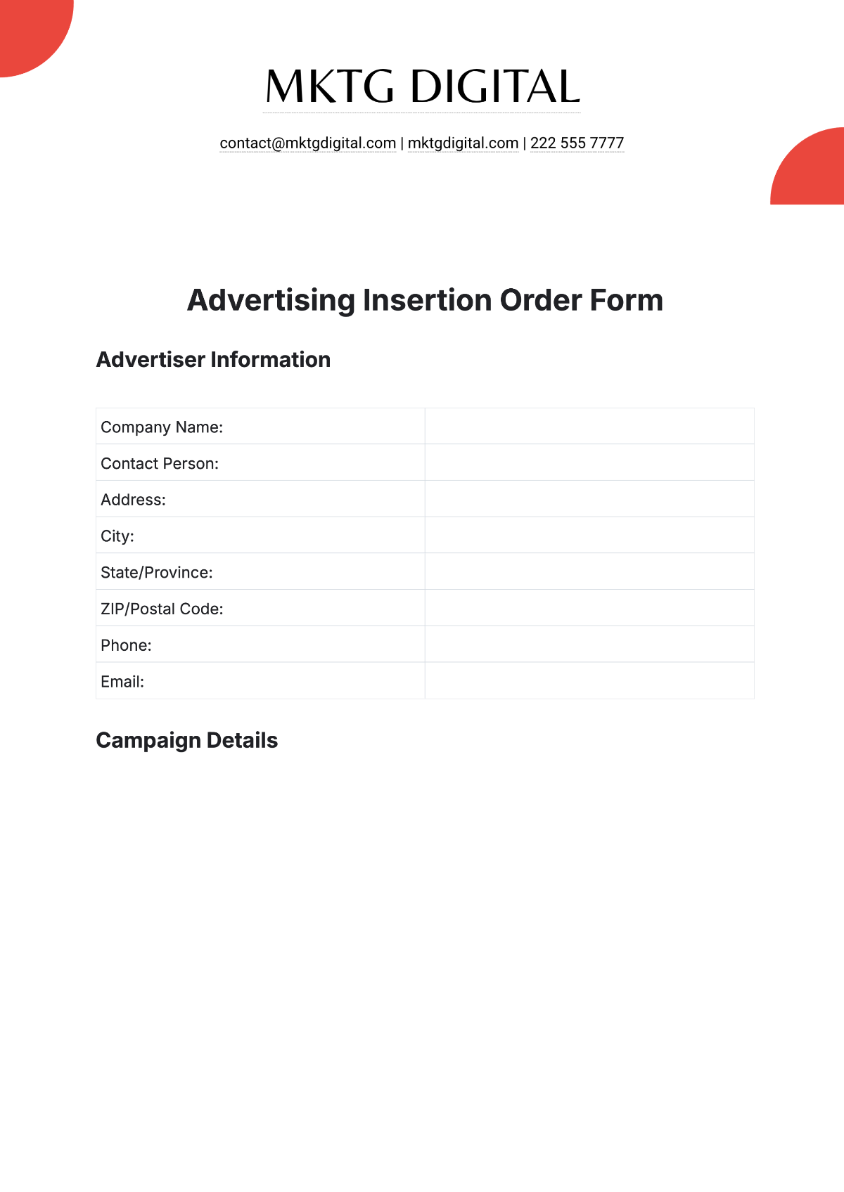 Advertising Insertion Order Form Template
