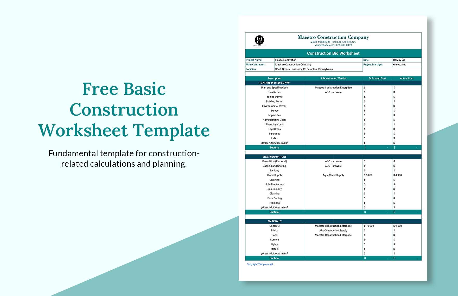 Basic Construction Worksheet Template in Apple Numbers, Word, Pages, Google Docs, Excel, Google Sheets - Download | Template.net