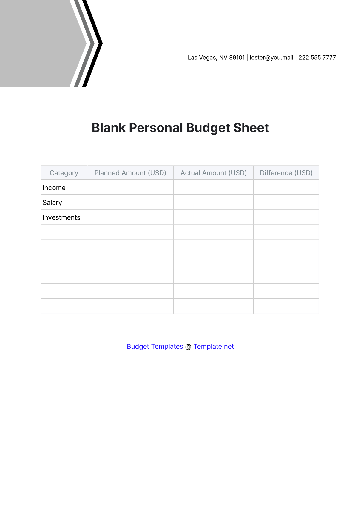 Blank Personal Budget Sheet Template