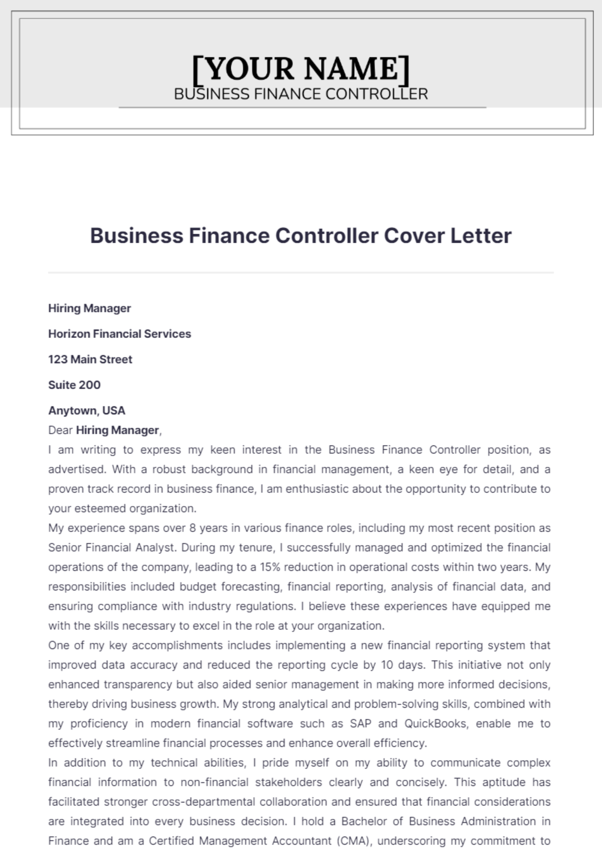 Business Finance Controller Cover Letter