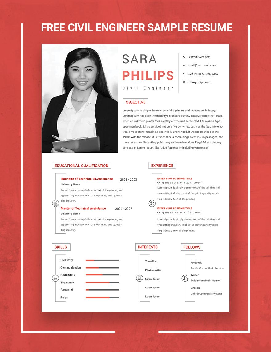 Civil Engineer Sample Resume in PSD, Word, Publisher, InDesign, Pages - Download | Template.net
