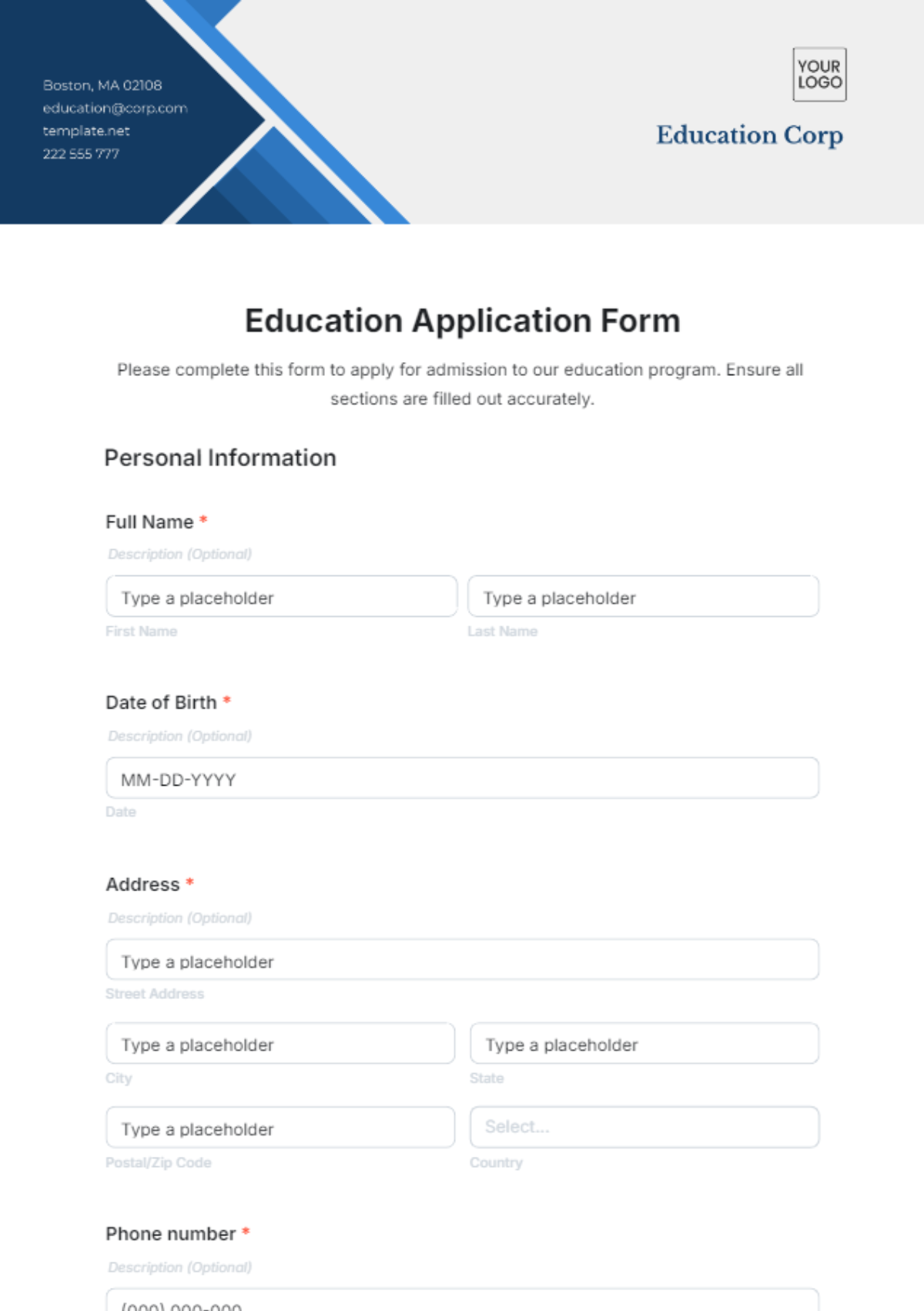 Education Application Form Template