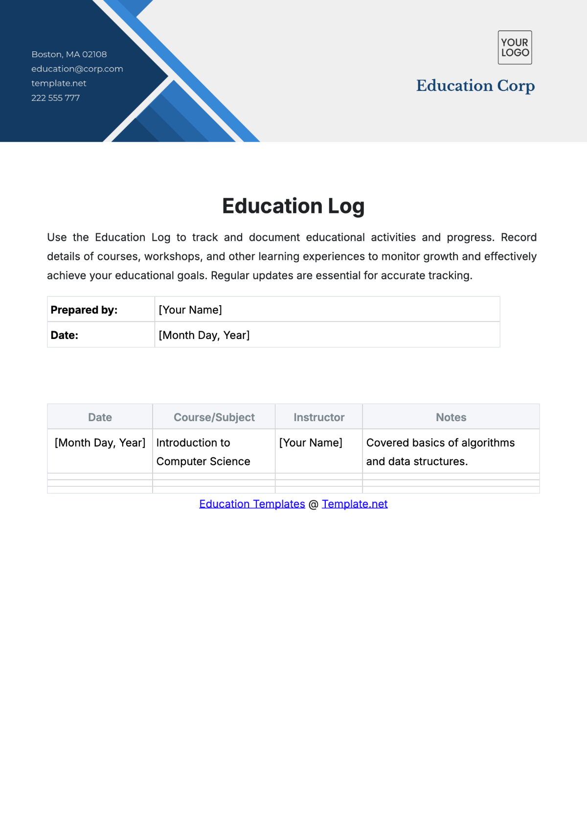 Education Log Template