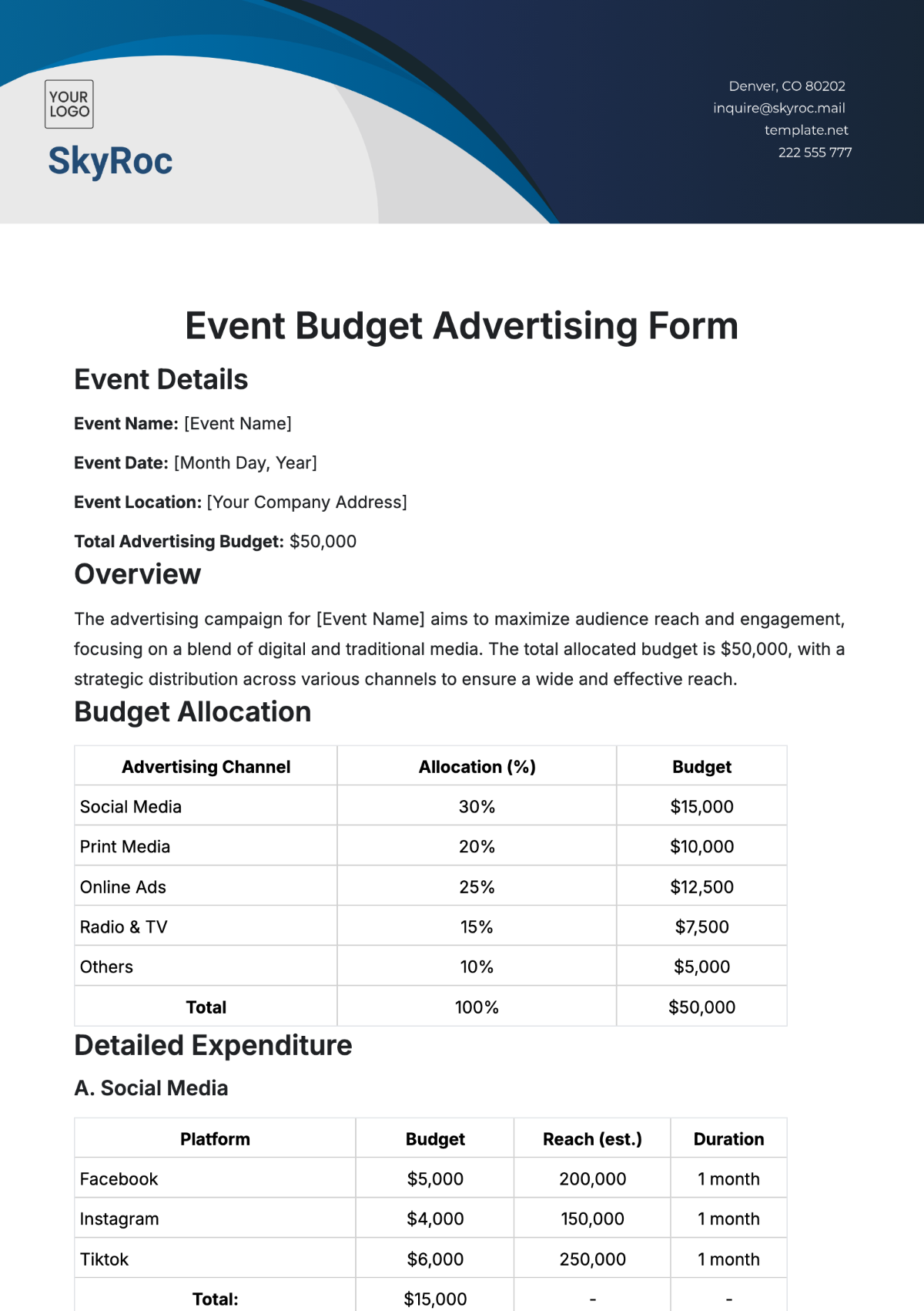 Event Budget Advertising Form Template