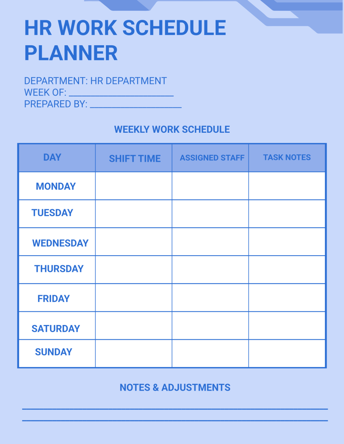 HR Work Schedule Editable Planner Template
