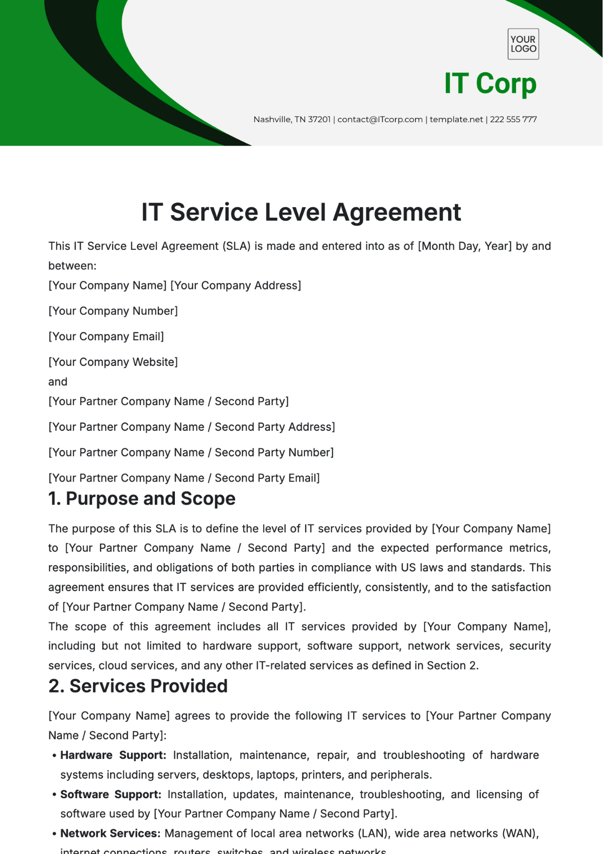 IT Service Level Agreement Template