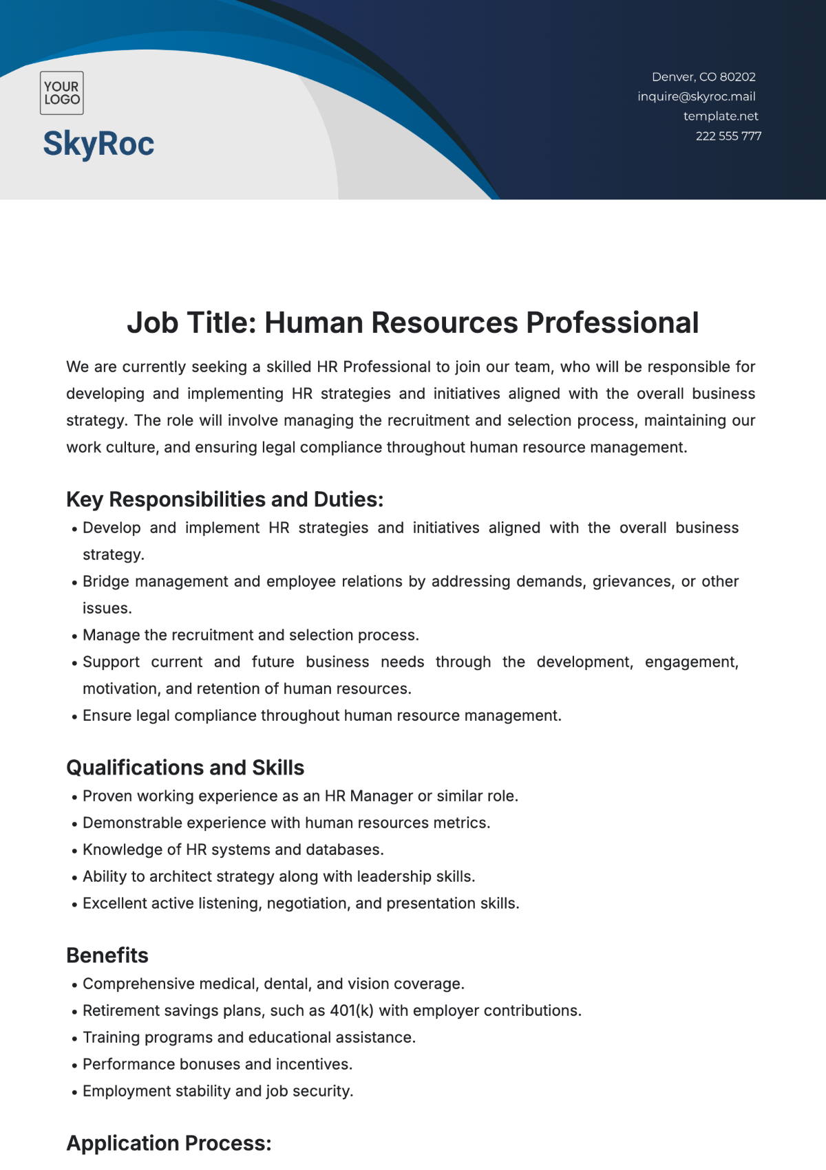 Job Description for HR Template