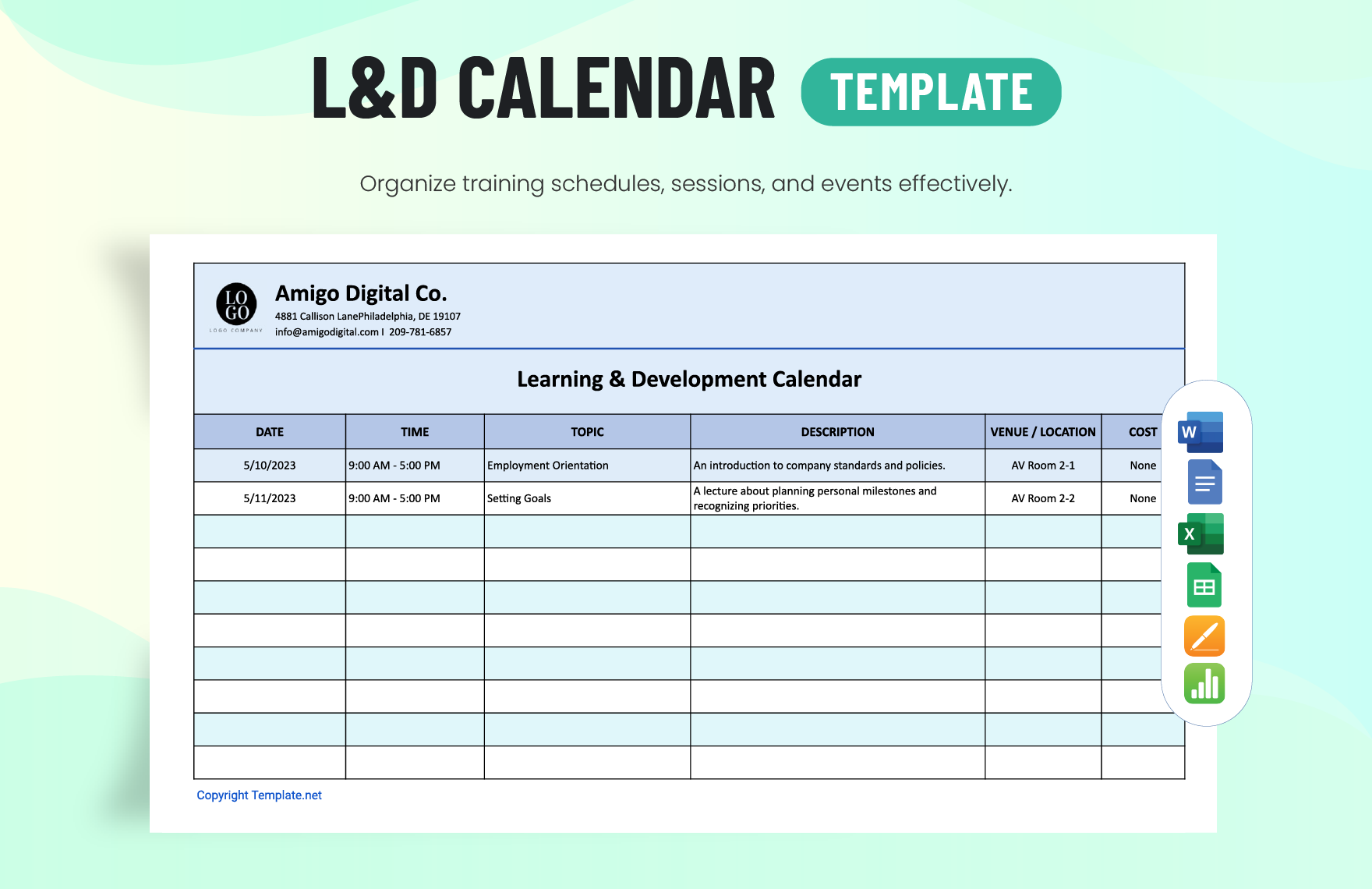 L&D: Calendar Template in Word, Apple Pages, Google Docs, Excel, Google Sheets, Apple Numbers - Download | Template.net
