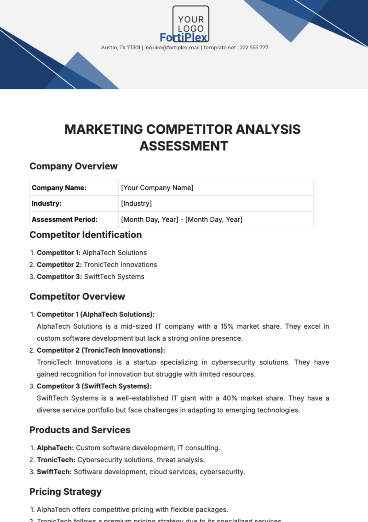 Marketing Competitor Analysis Assessment Template