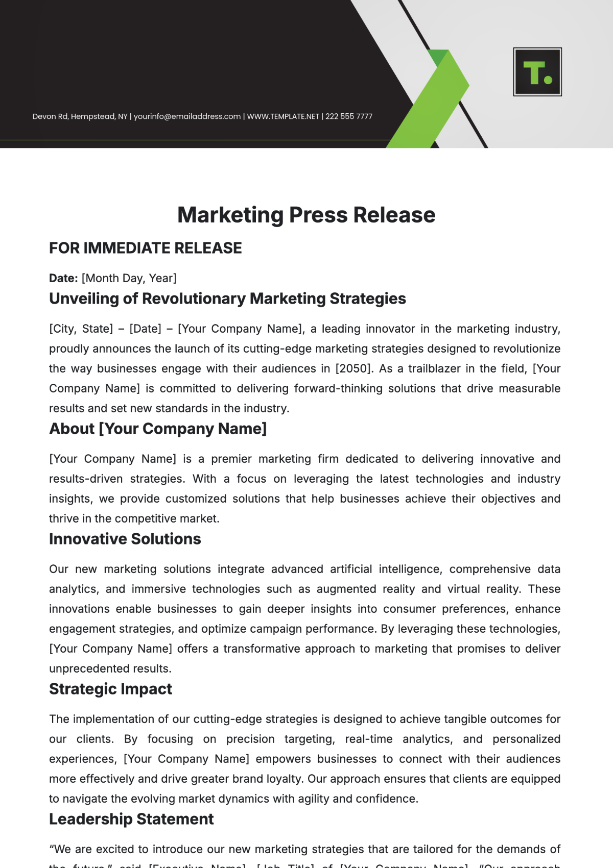 Marketing Press Release Template