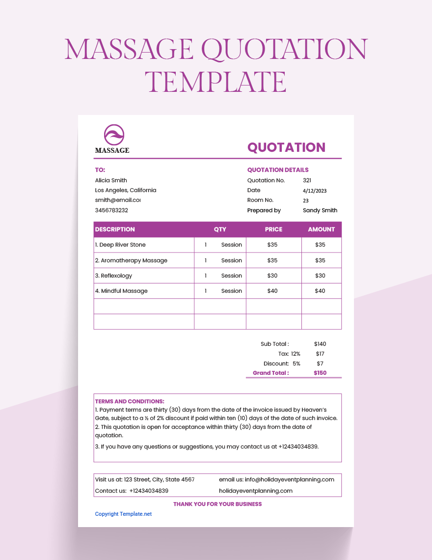 Massage Quotation Template in PSD, Apple Numbers, Publisher, Illustrator, Word, InDesign, Pages, Google Docs, Excel, Google Sheets - Download | Template.net