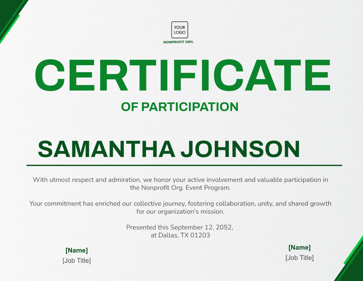 Nonprofit Organization Participant Certificate Template