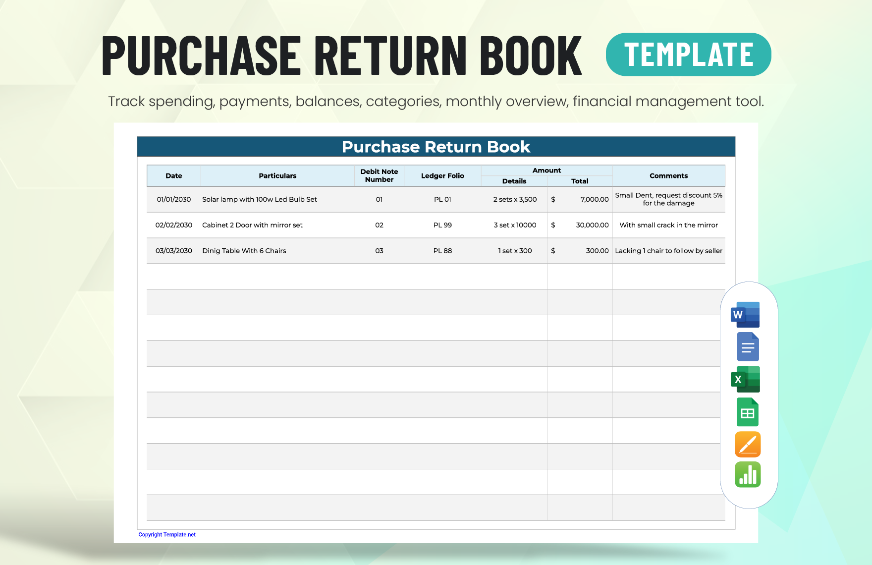 Purchase Return Book Template in Word, Apple Pages, Google Docs, Excel, Google Sheets, Apple Numbers - Download | Template.net