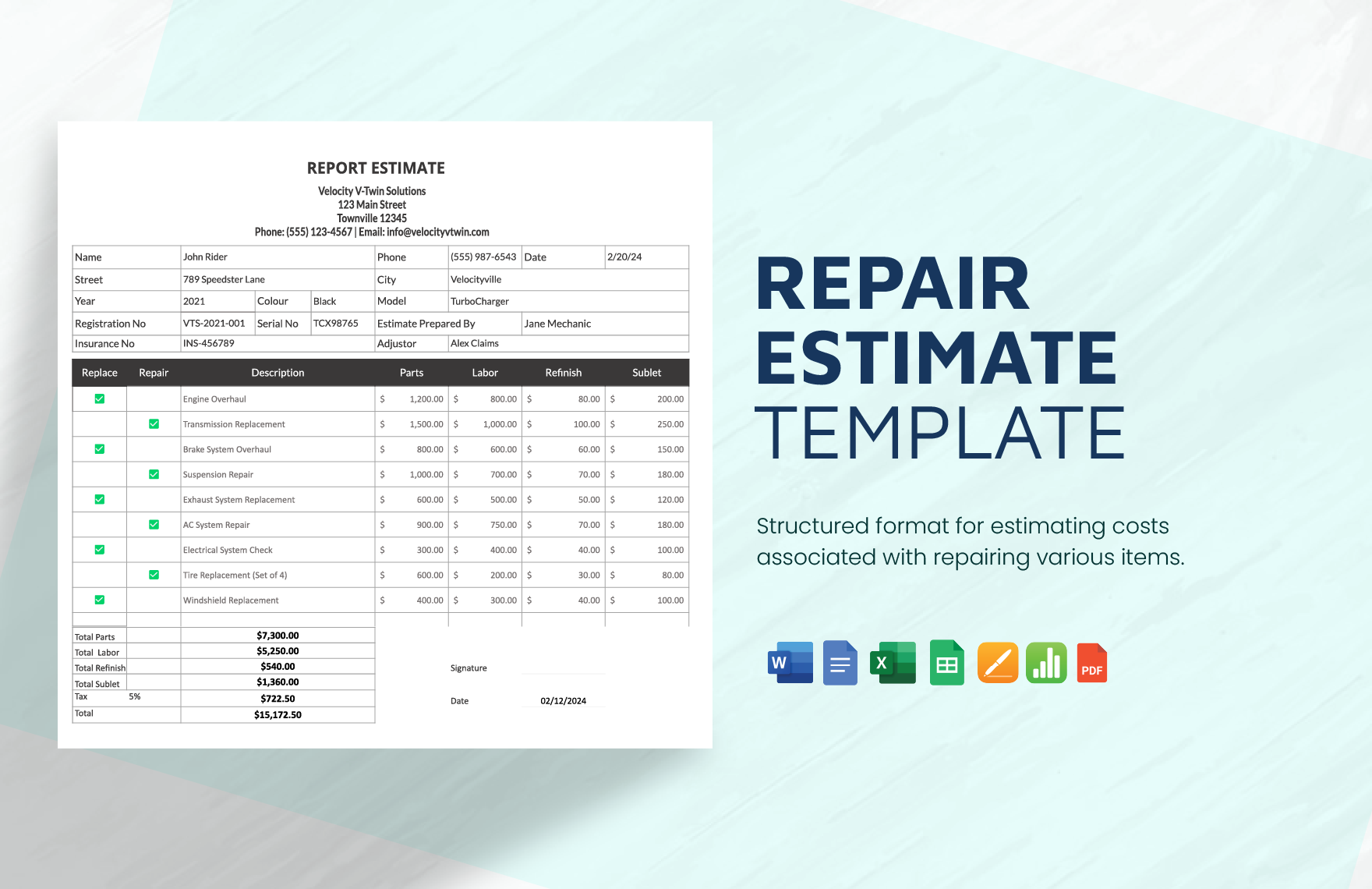 Repair Estimate Template in Word, Google Sheets, Excel, Pages, Apple Numbers, PDF, Google Docs - Download | Template.net