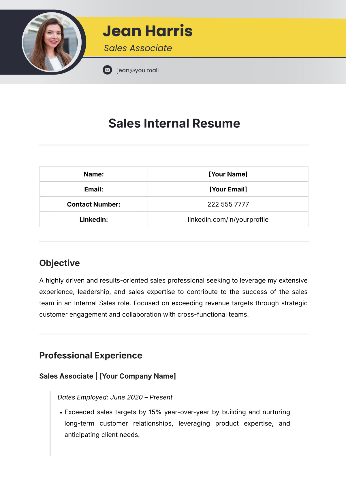 Sales Internal Resume Template
