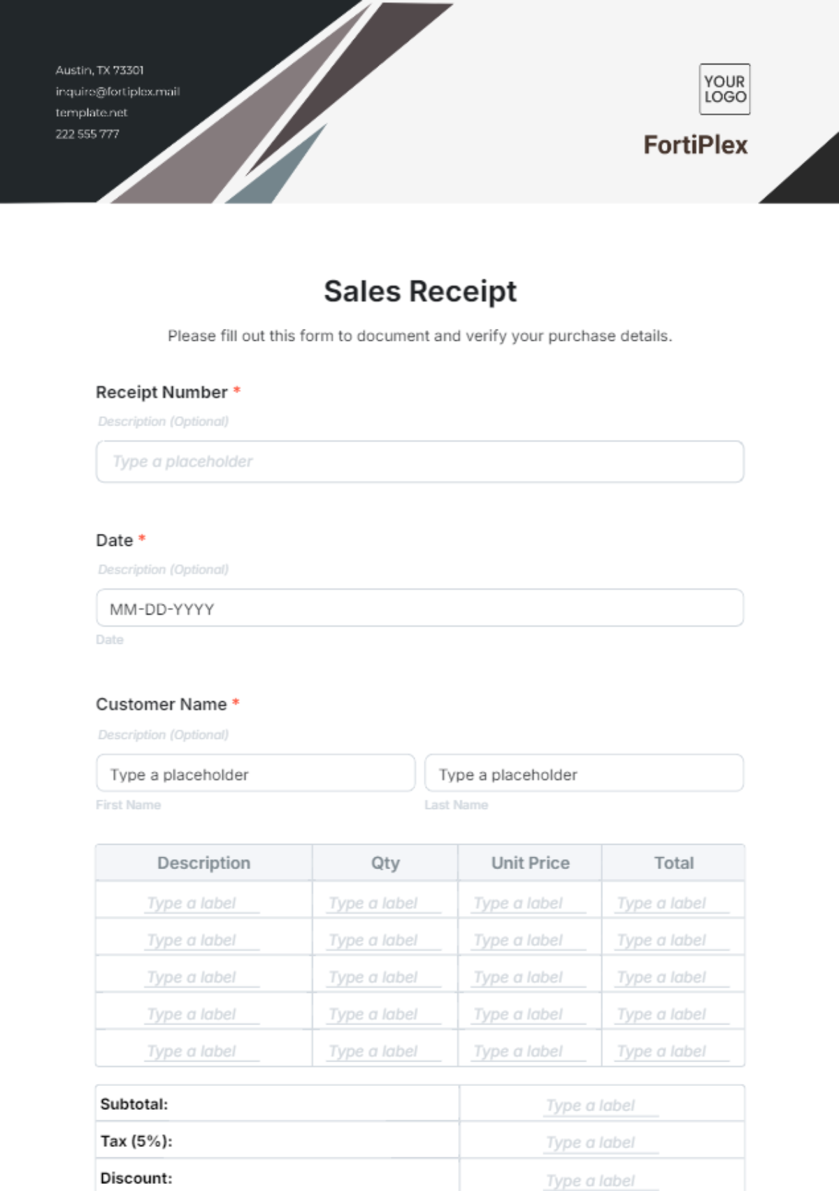 Sample Sales Receipt Form Template
