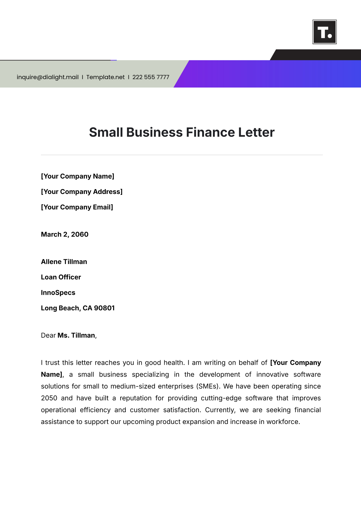 Small Business Finance Letter Template