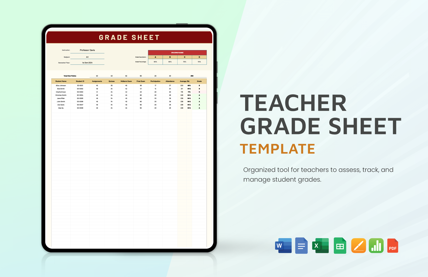 Teacher Grade Sheet Template in PDF, Apple Numbers, Pages, Word, Google Docs, Google Sheets, Excel - Download | Template.net