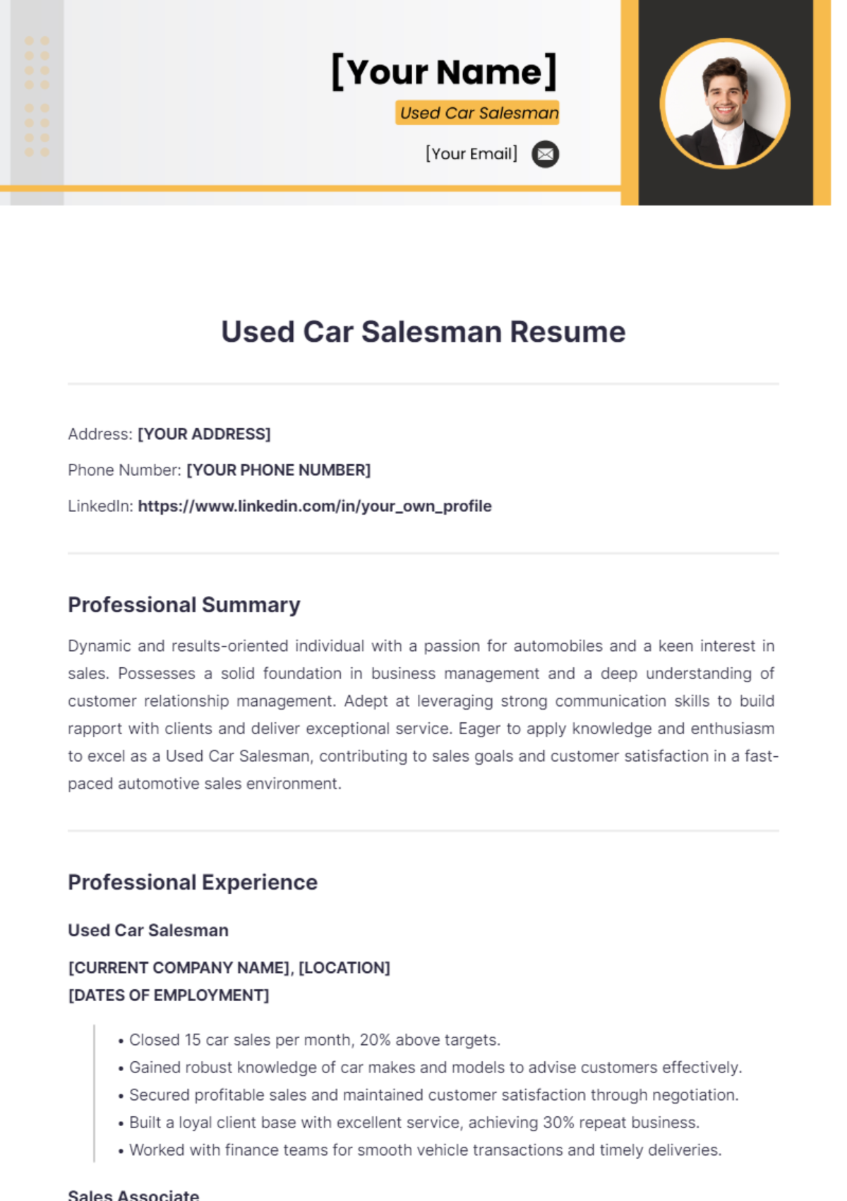 Used Car Salesman Resume